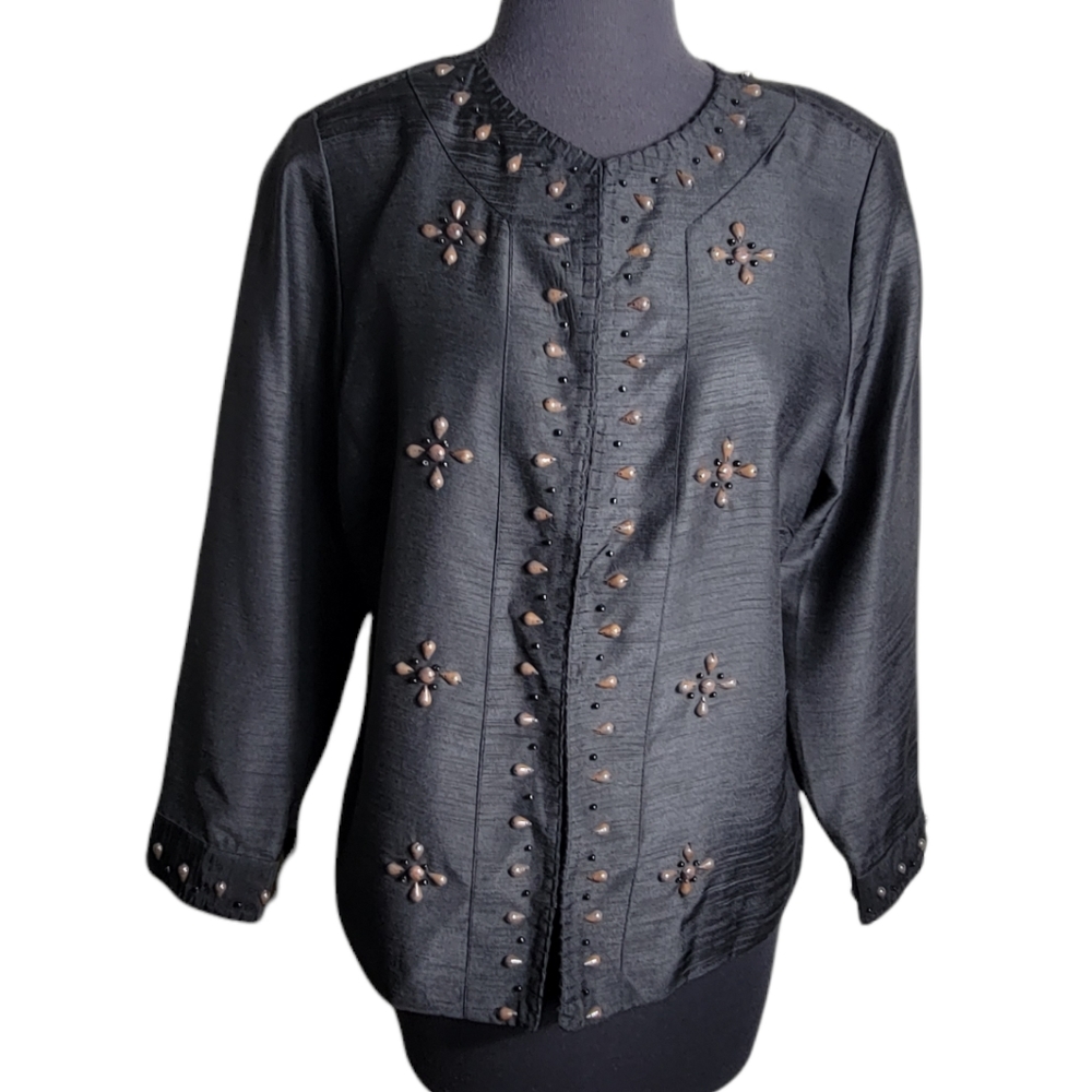 Joni B. beaded black hook, eye closure blazer size large